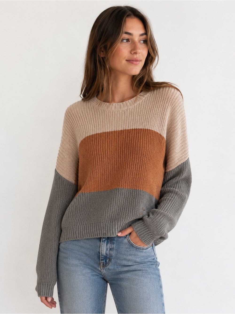 Hollister Colorblock Knit Sweater – Beige, Rust & Gray